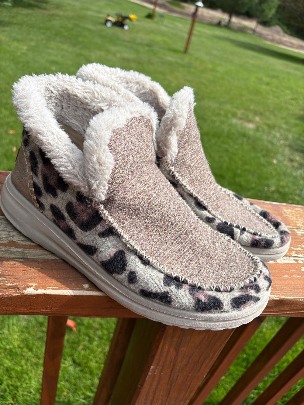 Hey Dude Leopard Print Cozy Slip-Ons in Beige